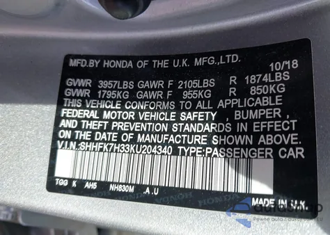 2019 Honda Civic Lx z USA, uszkodzony, nr VIN SHHFK7H33KU204340